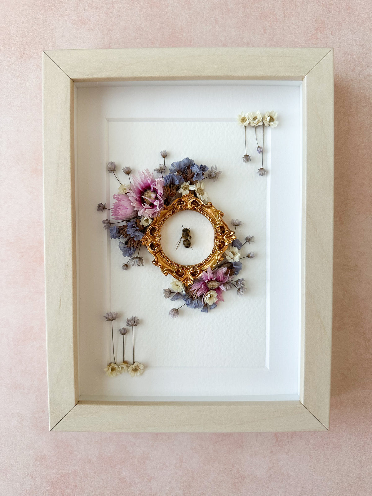 Honey Bee in Small Gold Frame with Fuschia/Periwinkle Dried Flowers