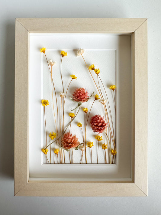 Coral Gomphrena Yellow and Ivory Flower Frame