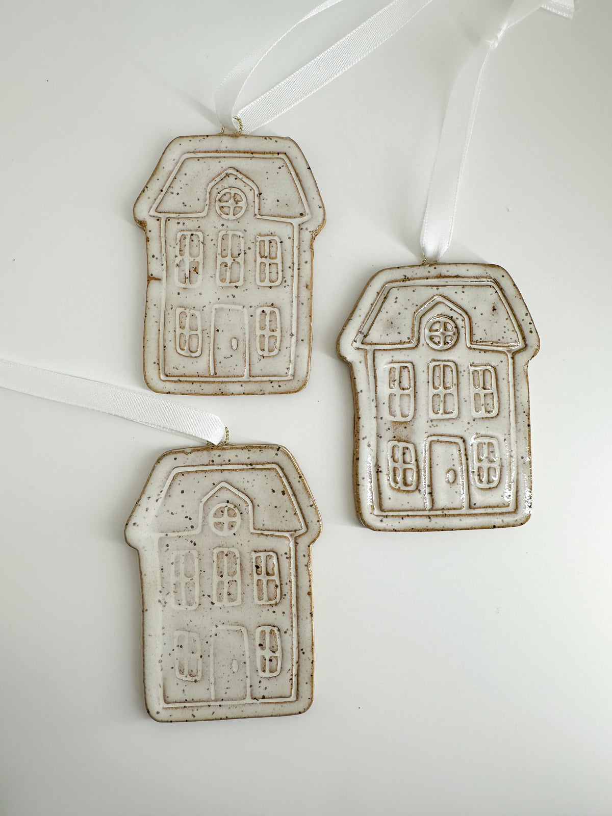 Speckled Stoneware Christmas Village Ornaments