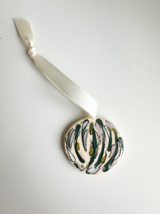 Medium Hand Painted Round Ornaments in Green Silver Motif