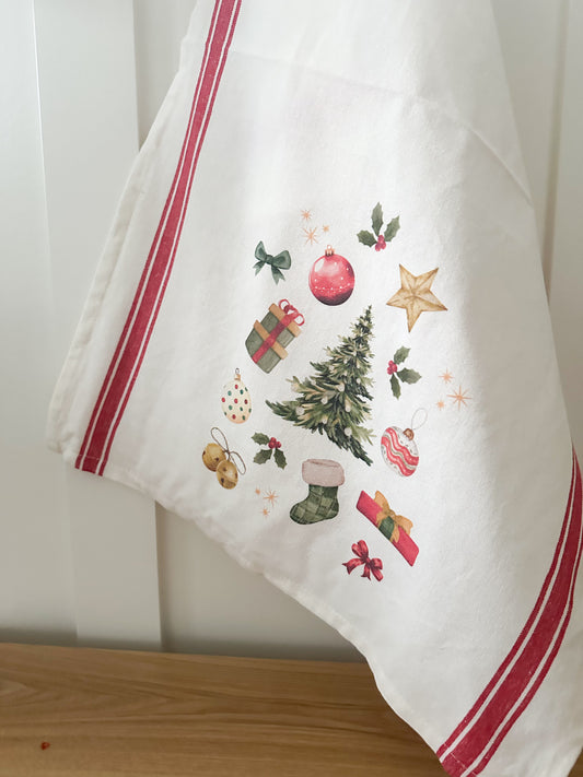 Striped Cotton Tea Towel - Christmas Motif