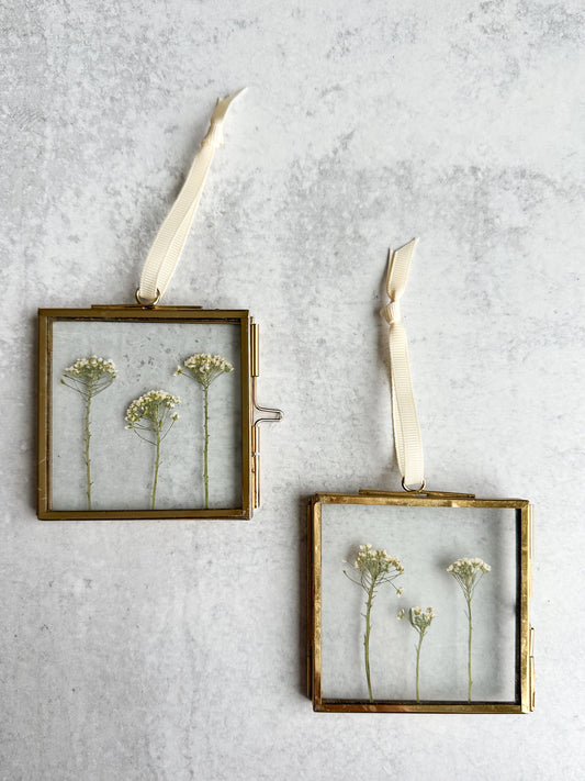 Pressed Flower Square Glass Ornament in White Filler