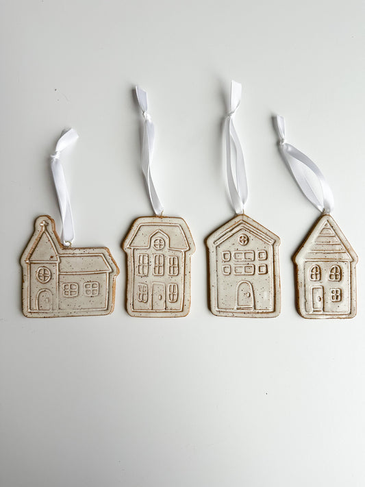 Speckled Stoneware Christmas Village Ornaments