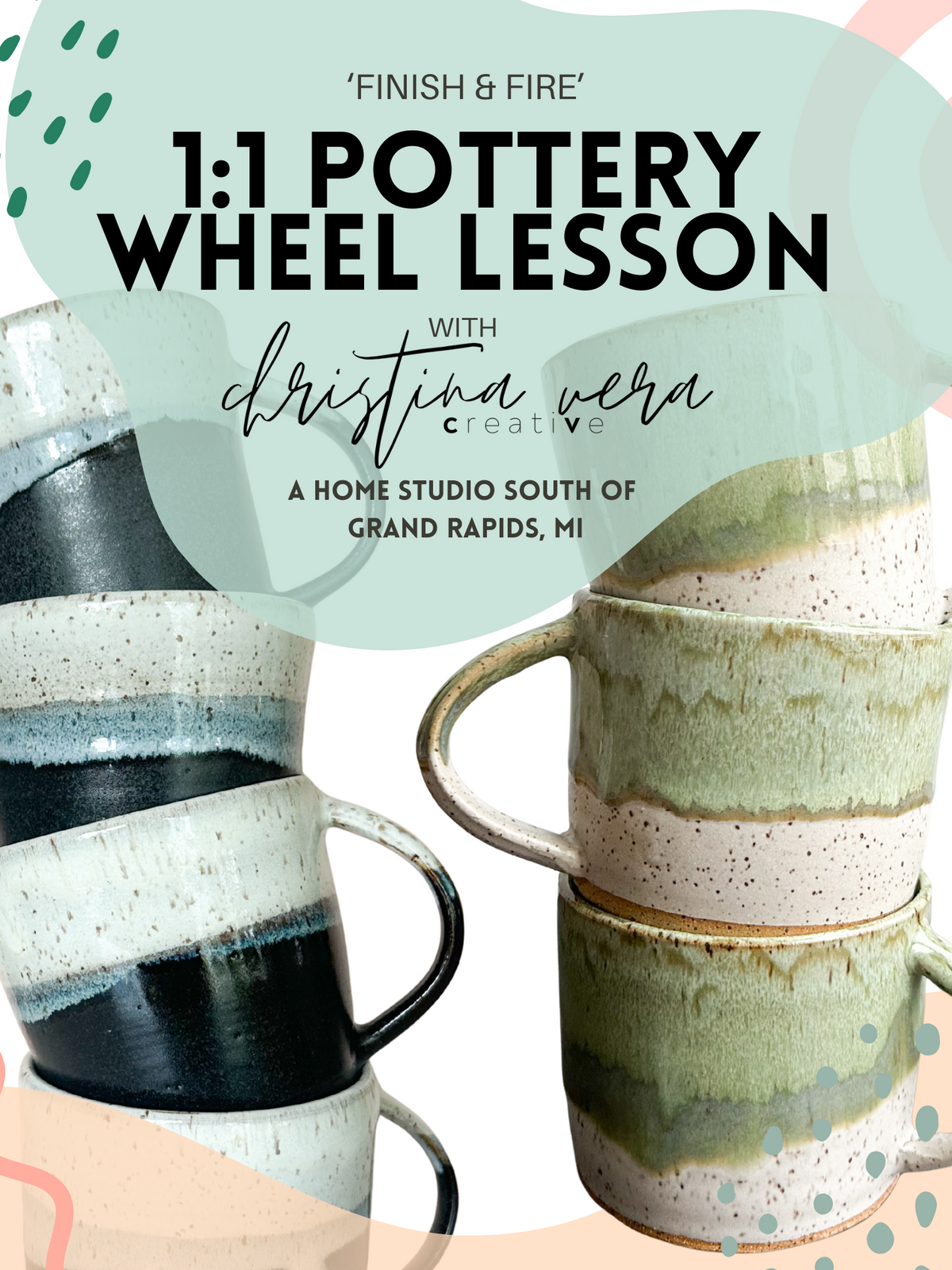 Promotional graphic for a pottery wheel lesson with stacked ceramic mugs on a colorful background.