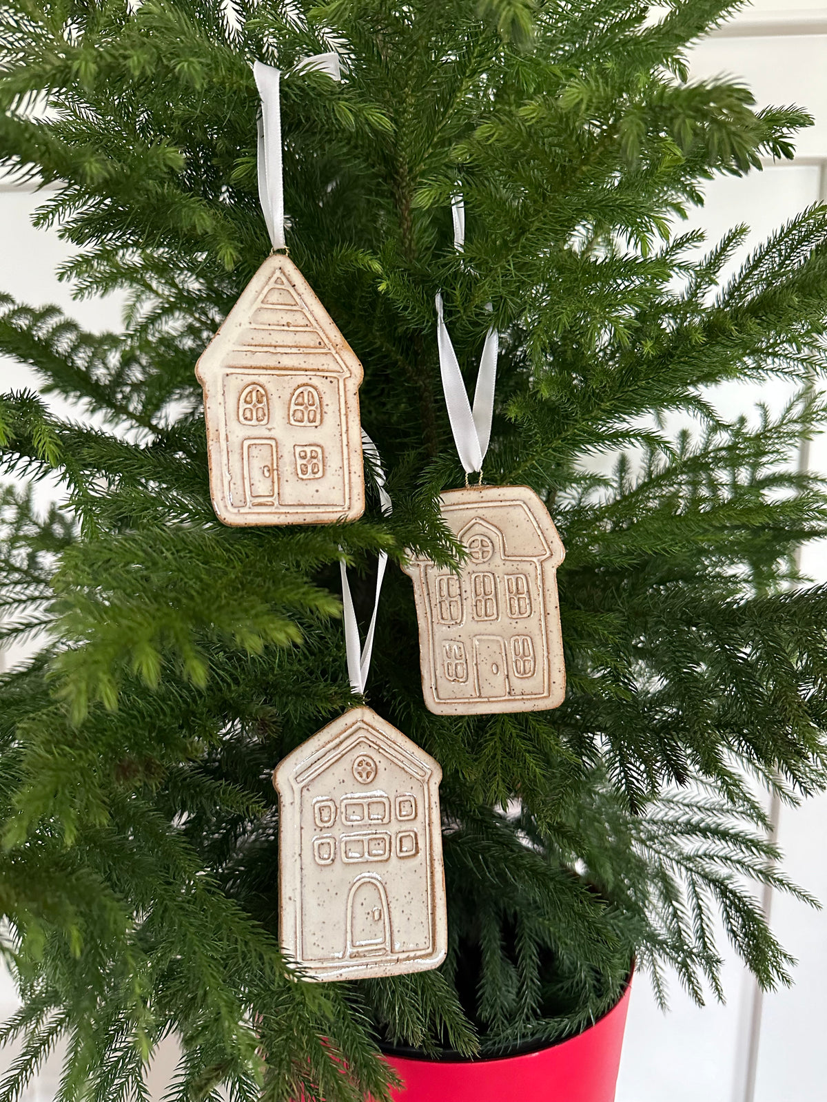 Speckled Stoneware Christmas Village Ornaments